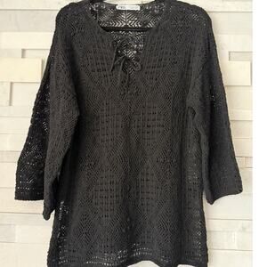 ZARA Long Sleeve Tie Neck Crochet Tunic Top Cover-up Black S Boho Coastal S